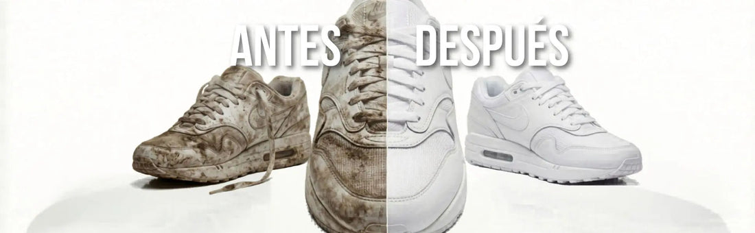 Antes y después de limpiar zapatillas deportivas blancas con el Kit Limpieza Zapatillas Footarchy: espuma, cepillo soft y hard y paño de microfibra.