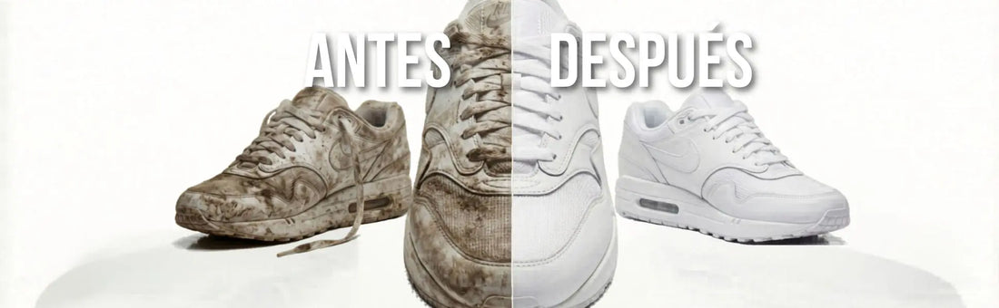 el antes y el despues de una zapatilla blanco con el sneaker Essentials kit de Footarchy