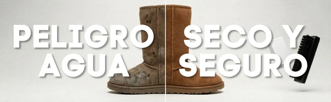 Comparación clínica panorámica de limpieza de ante: lado izquierdo aplastado y sucio etiquetado 'PELIGRO AGUA' vs lado derecho restaurado etiquetado 'SECO Y SEGURO' con Suede & Nubuck Kit de Footarchy.
