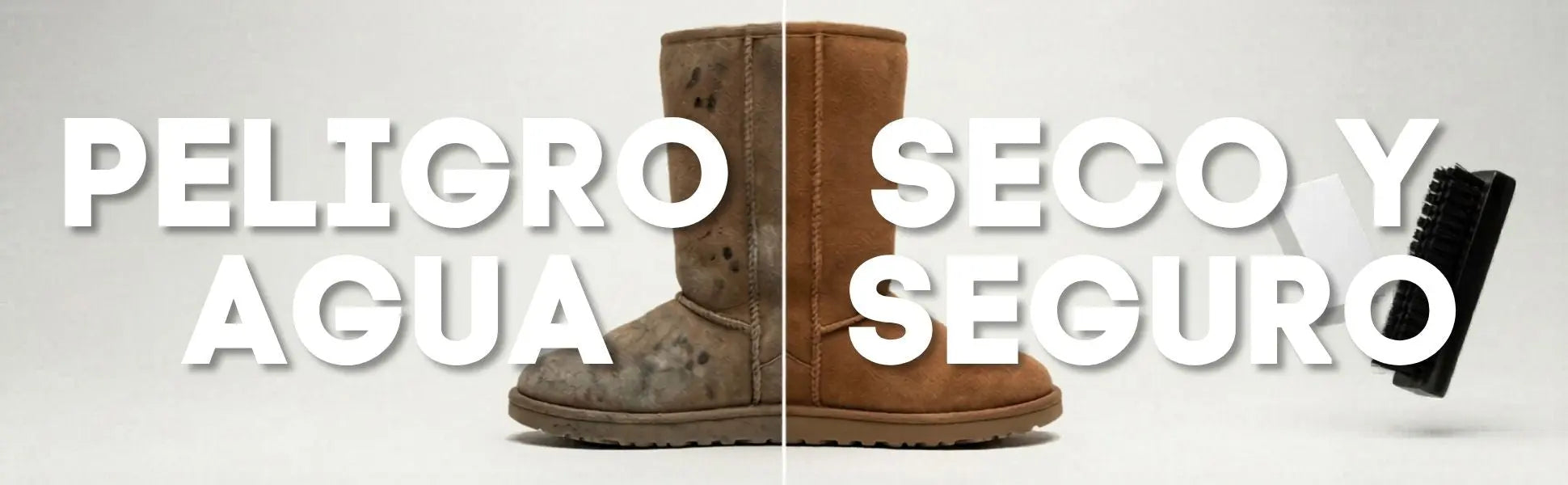 Comparación clínica panorámica de limpieza de ante: lado izquierdo aplastado y sucio etiquetado 'PELIGRO AGUA' vs lado derecho restaurado etiquetado 'SECO Y SEGURO' con Suede & Nubuck Kit de Footarchy.