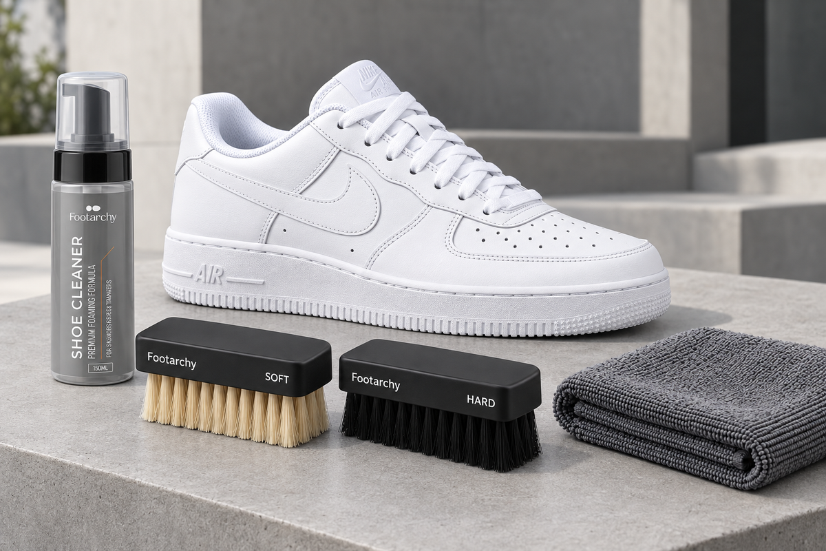 Nike Air Force 1 Low blanca sobre microcemento junto a espuma, cepillos negros y microfibra Footarchy.