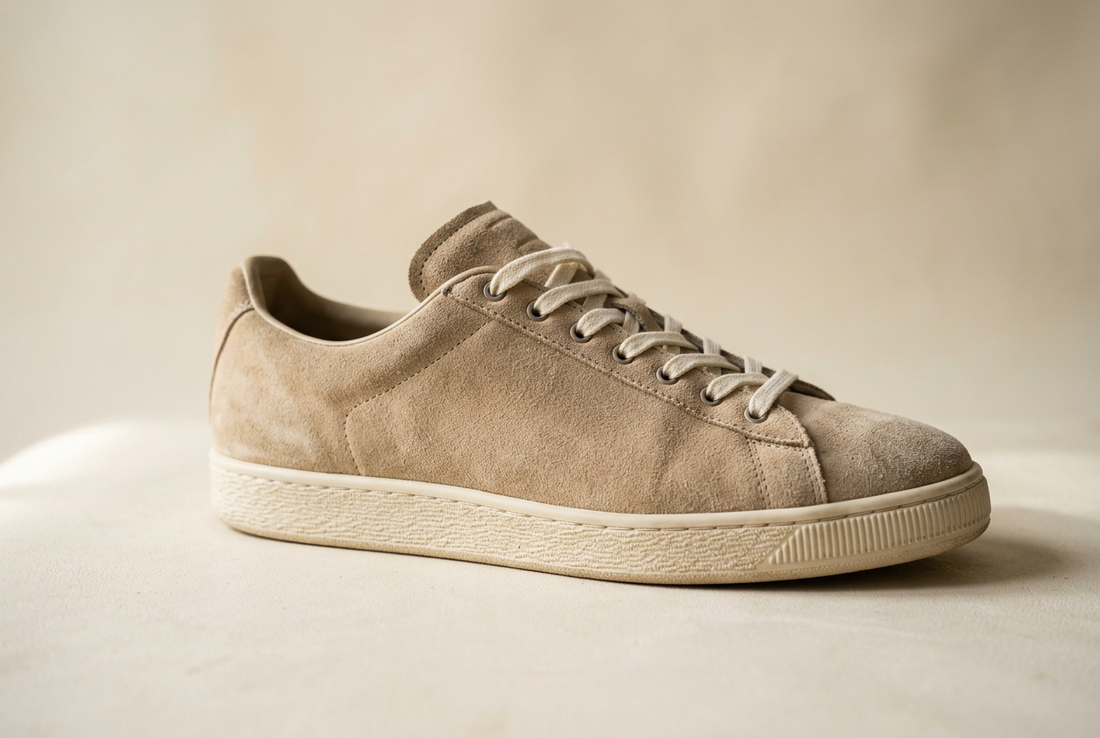 Zapatilla de ante beige sin marca con detalle de su textura aterciopelada, imagen ilustrativa.