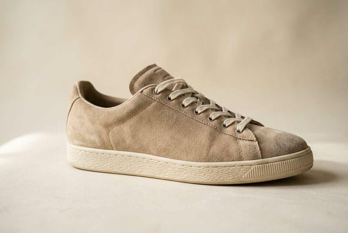 Zapatilla de ante beige sin marca con detalle de su textura aterciopelada, imagen ilustrativa.