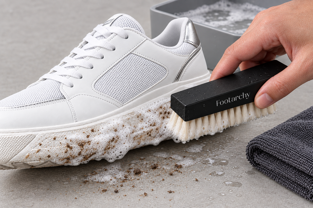 Limpieza de barro con cepillo XL Footarchy, agua y espuma de jabón sobre una zapatilla blanca de diseño actual.