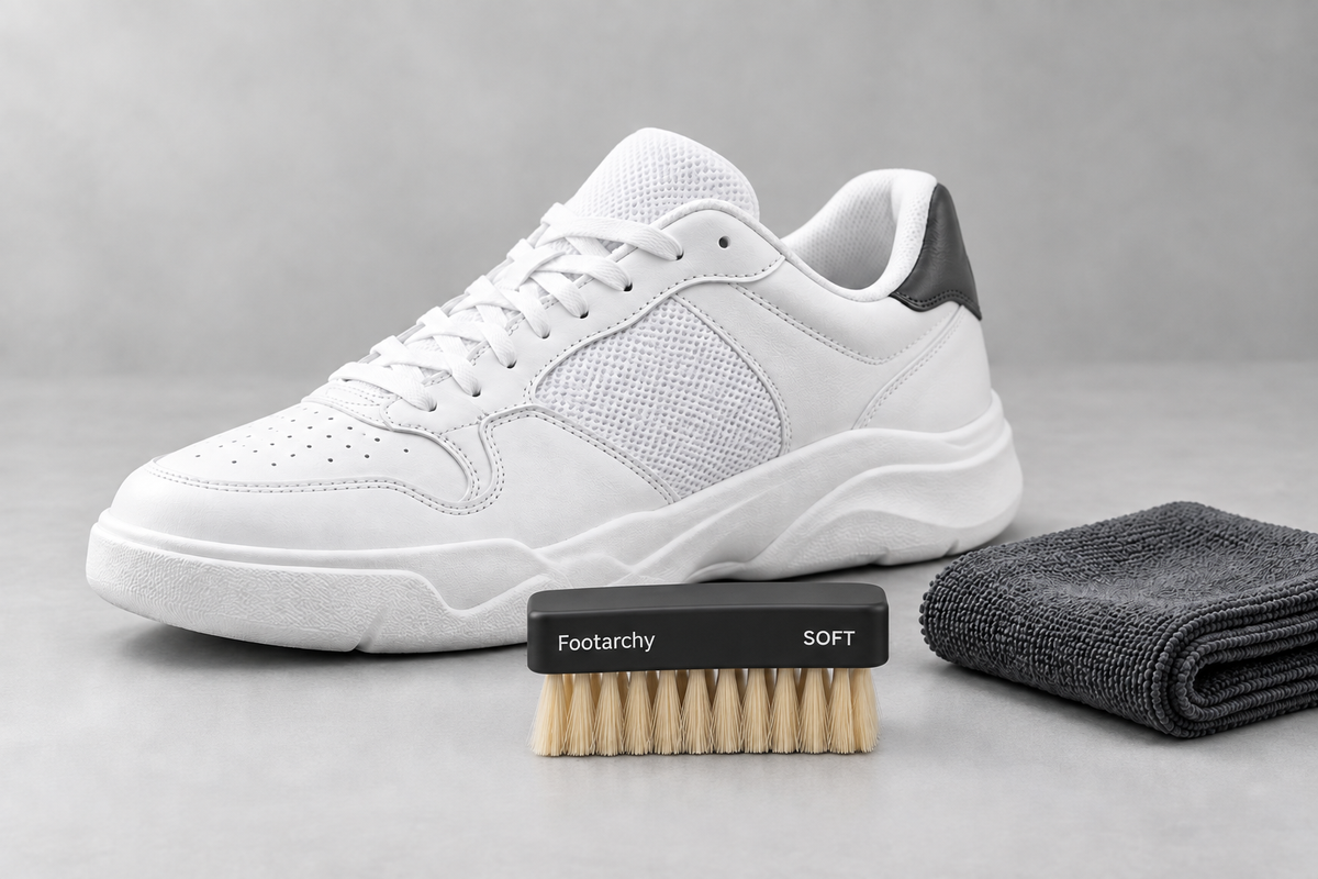 Zapatilla blanca de piel lisa y malla junto a un cepillo negro con Footarchy y SOFT en el mismo lateral y una toalla de microfibra.