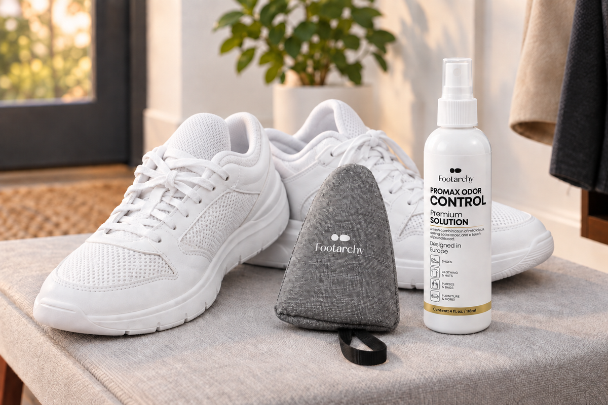 Zapatillas blancas junto a bolsas grises de carbón activado Footarchy y el spray cítrico ProMax.