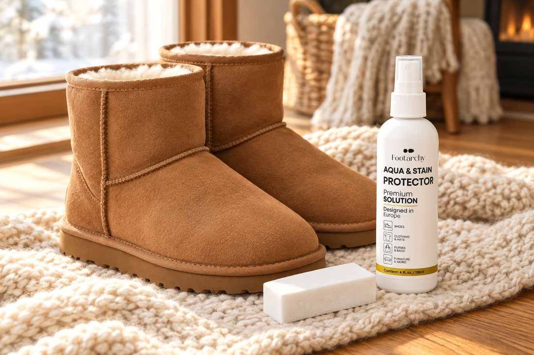 Botas de piel ovina color castaño sobre una manta de punto junto a borrador blanco y protector Footarchy.