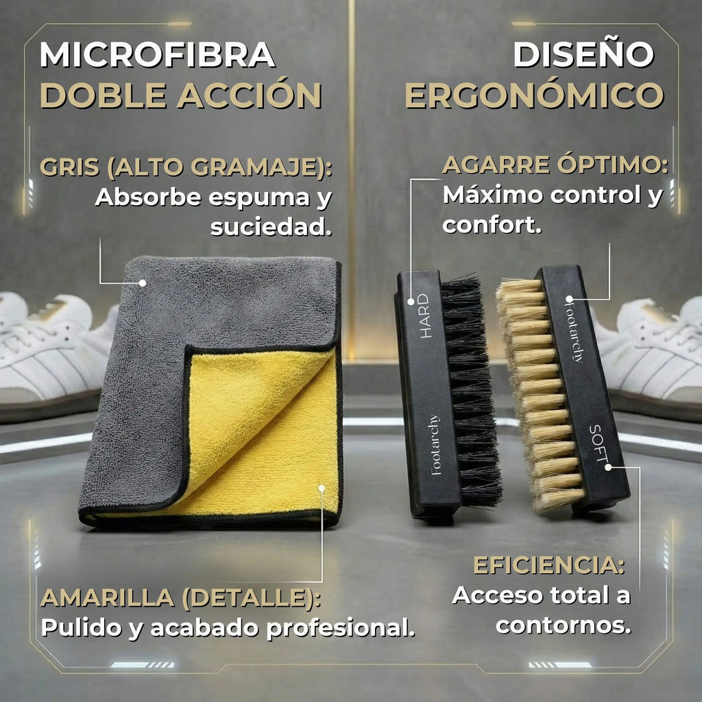 Kit de Limpieza Profesional para Zapatillas – Espuma, 2 Cepillos (Soft y Hard) y Toalla de Microfibra Footarchy Hub S.L.