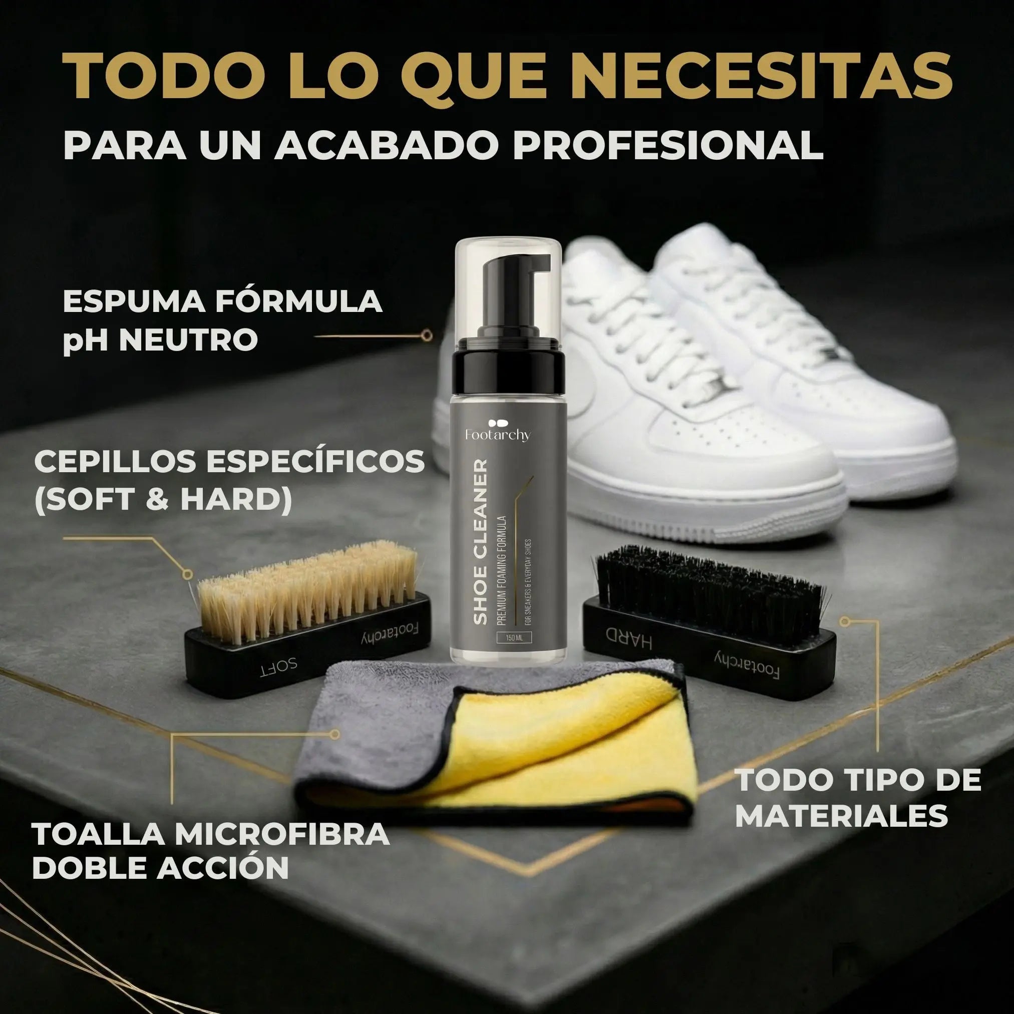 Kit de Limpieza Profesional para Zapatillas – Espuma, 2 Cepillos (Soft y Hard) y Toalla de Microfibra Footarchy Hub S.L.