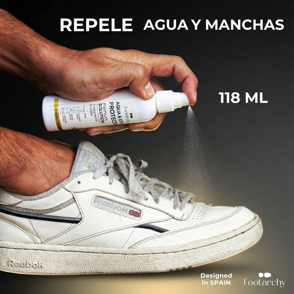 Aplicación del spray repelente de agua y manchas de 118ml Footarchy sobre zapatilla blanca de cuero.