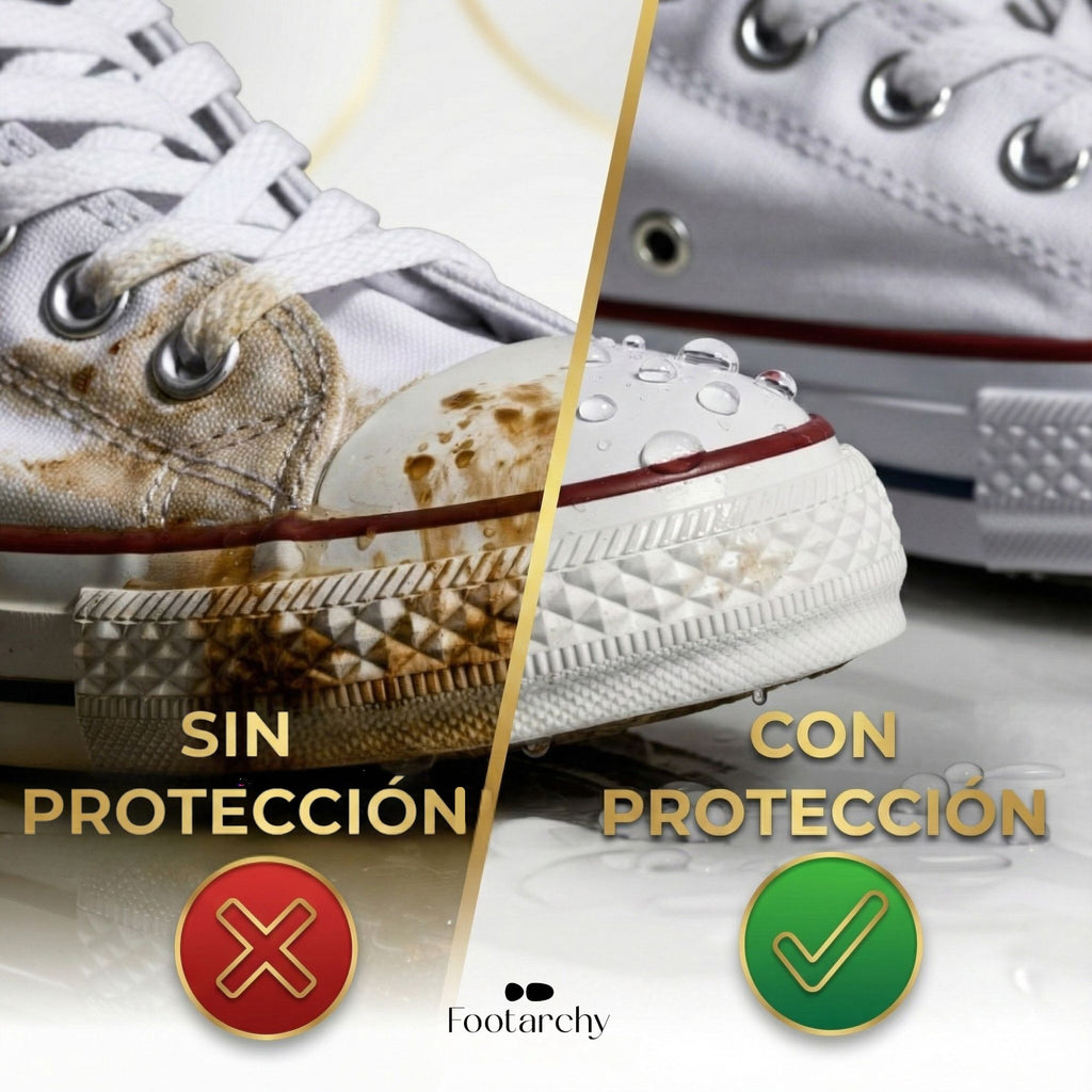 Comparativa de zapatilla de lona: lado izquierdo sucio sin protección y lado derecho limpio con protección Footarchy.