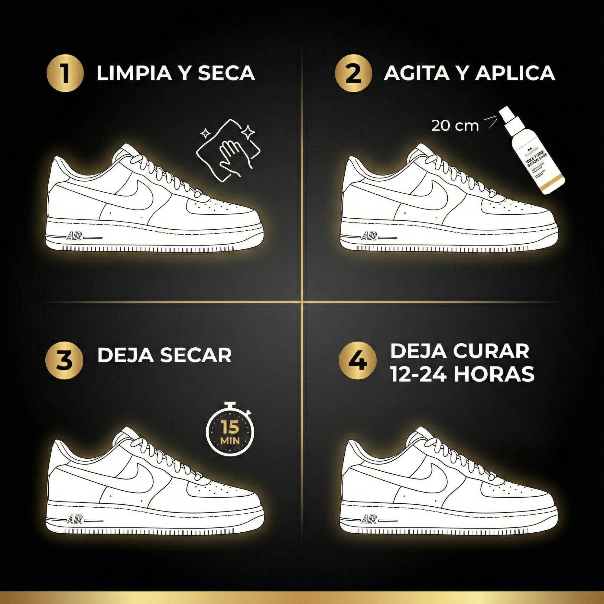 Guía de uso en 4 pasos: limpiar, agitar y aplicar, dejar secar 15 min y curar durante 12-24 horas para protección total.