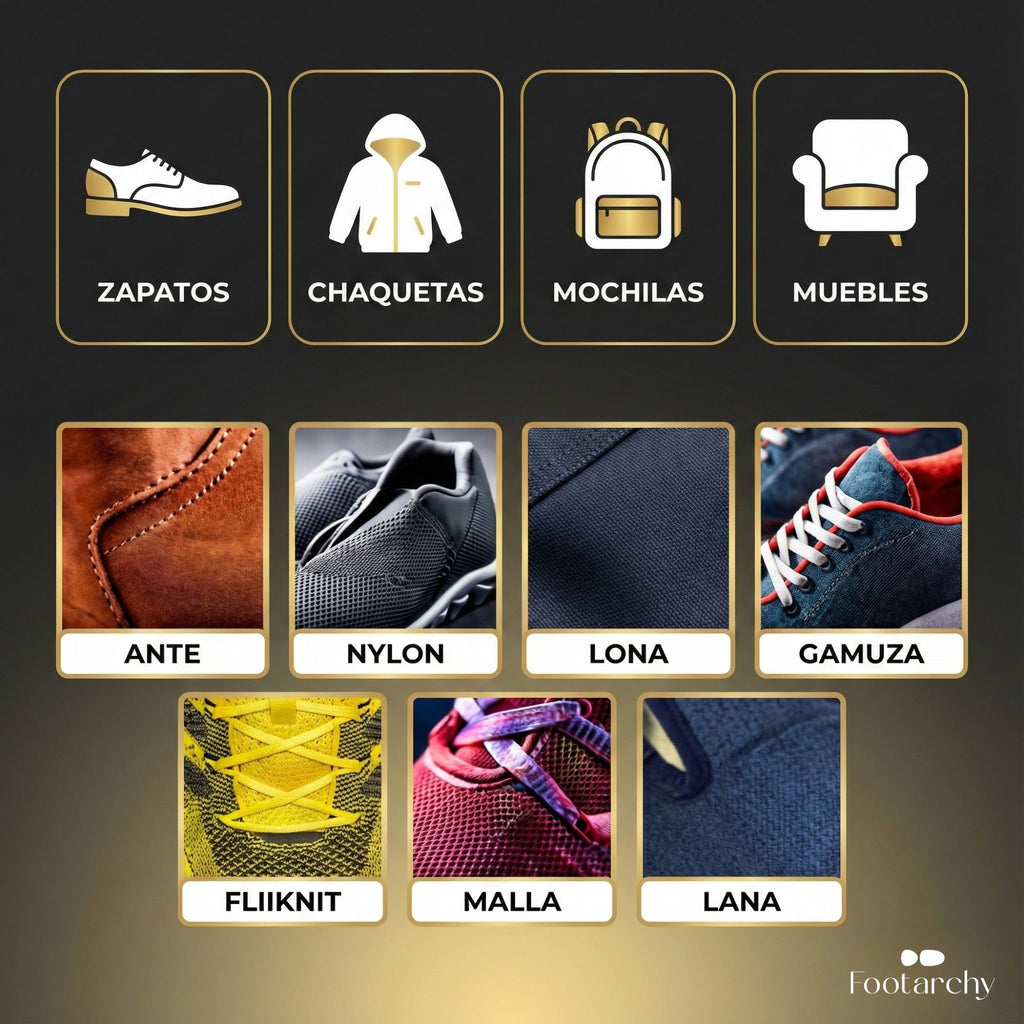 Guía de materiales compatibles: spray para ante, lona, gamuza, malla y cuero en zapatillas, chaquetas o mochilas.