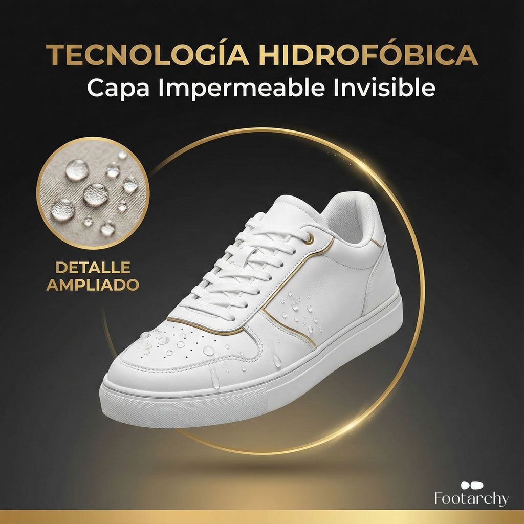 Detalle de tecnología hidrofóbica mostrando gotas de agua resbalando sobre la superficie de una zapatilla blanca.