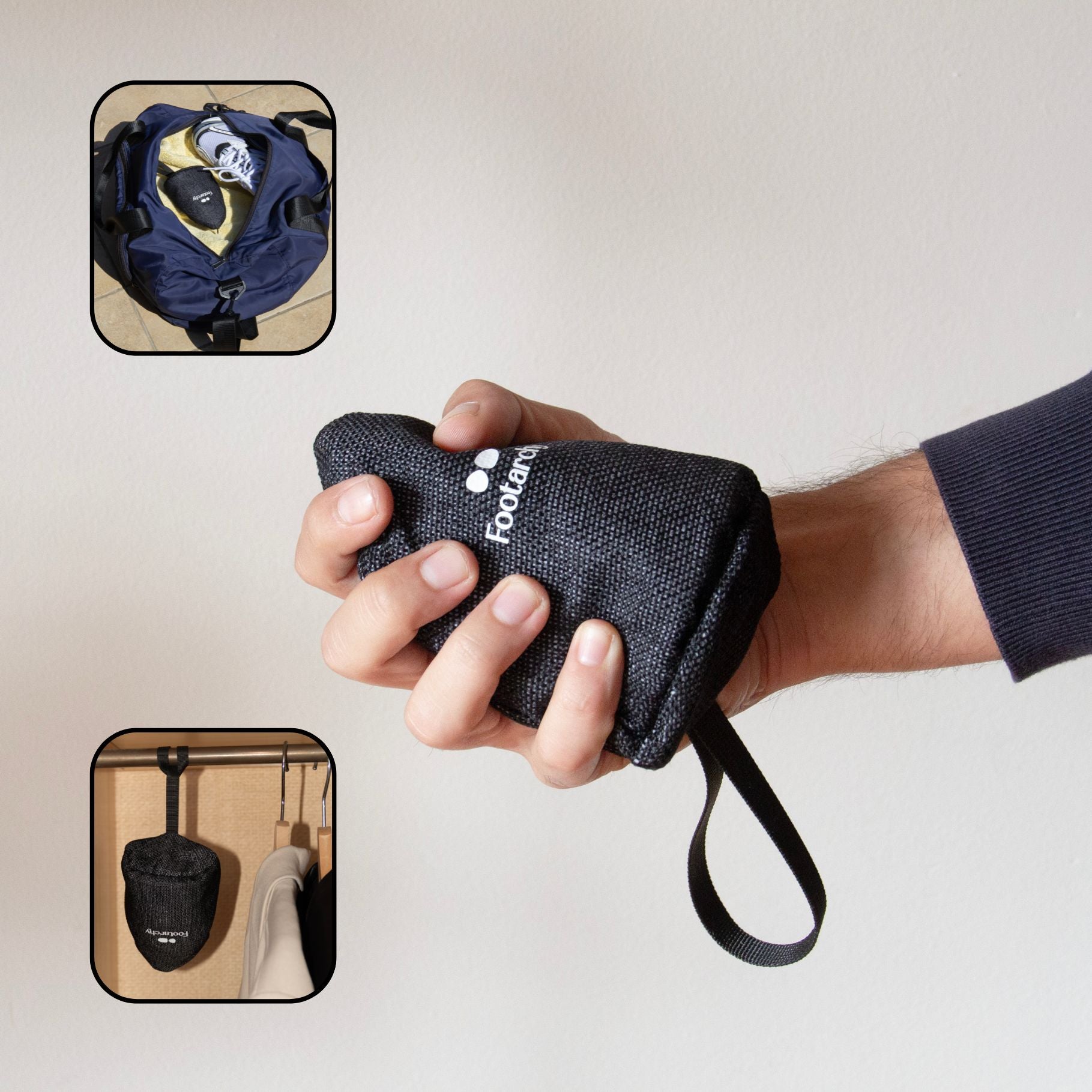 Uso versátil de la bolsa desodorante Footarchy en zapatillas, armarios y bolsas de deporte para eliminar olores.